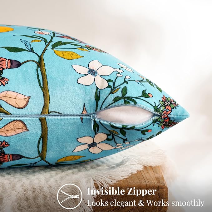 MUSSEL Sky Blue Velvet Floral Decorative 20x20 Pillow Covers Set of 2 | Durable Sturdy,Botanical Printed Pattern,Throw Pillows Case,Square,Colorful Mid Century Cushion Covers,Sofa Couch Decor