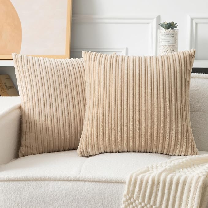 UGASA Velvet 26x26 Inch Soft Throw Pillow Covers Decorative Corduroy Striped Both Sides Solid Square Cushion Cases Boho Farmhouse for Couch Bedroom Sofa Home, Pack of 2, Beige