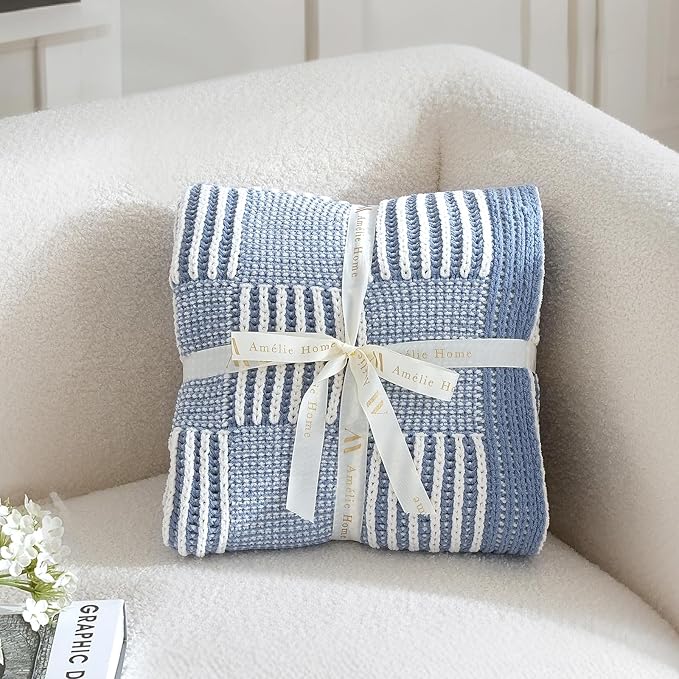 Knit Throw Blanket, Soft Chenille Cozy Breathable Dual Tone Checkered Chunky Decorative Blanket for Couch, Bed & Sofa, French Lightweight Warm Gift for Women, Washed Blue, 50"x60"