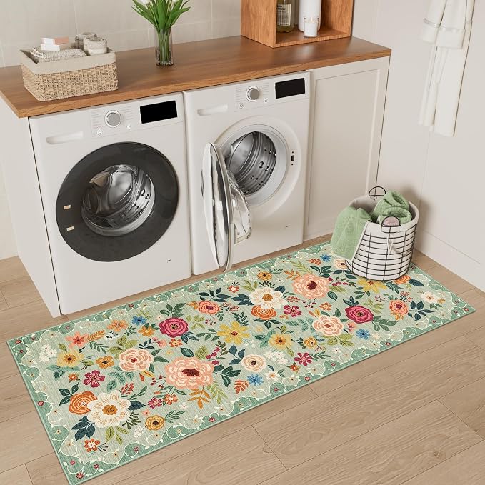 DUKINO 2x5 Runner Rug, Floral Washable Rug for Kitchen Non Slip, Green | Low Pile, Soft, Stain Resistant Indoor Rug Runner for Entryway, Hallway, Bedroom, Bathroom, Laundry, Pet Friendly, Home Decor