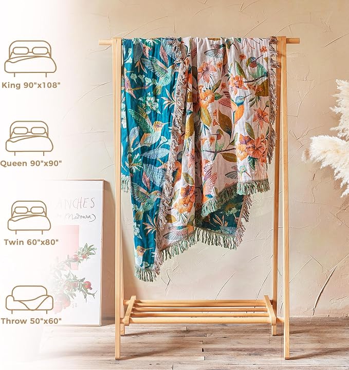 LUTBM Boho Throw Blanket for Bed 60"x80", 100% Cotton Soft Couch Blankets | Reversible Floral Bird Jacquard, All-Season Lightweight Breathable Twin Quilt, For Chair Sofa Bedroom Living Room, Home Decor