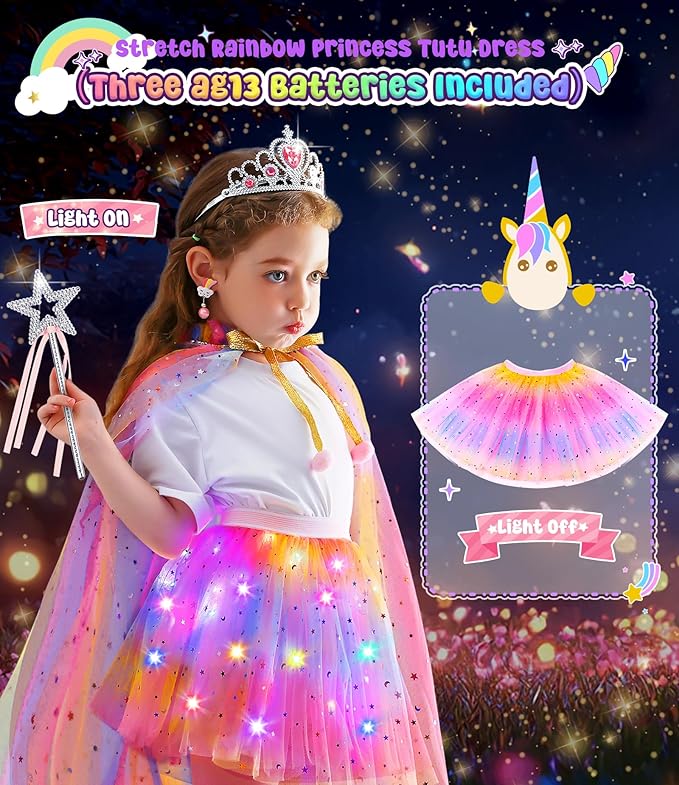 Light up Princess Dress up Clothes for Little Girl, Unicorn Princess Cape Princess Dresses Crown Toy for 3 4 5 6 Girls