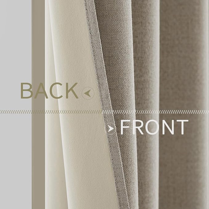MIULEE 100% Blackout Linen Textured Curtains for Bedroom Solid Thermal Insulated Pebble Taupe Grommet Room Darkening Curtains & Drapes Luxury Decor for Living Room 52 x 96 Inch (2 Panels)