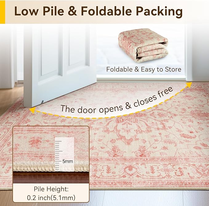 RELEANY Area Rugs Large 9'x12' Washable Non-Slip, Floral Vintage Distress Medallion Carpet for Living Room Bedroom Dining Room, Pink Light Vintage Pink