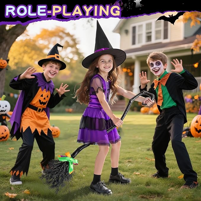 Witches Costume for Girls 3-8 6-12, Halloween Witches Dresses with Broom, Hat for Role Playing, Fairytale Halloween Party Birthday Gifts for Kids Toddlers Girls Age 3-5 5-8 8-12(XS)