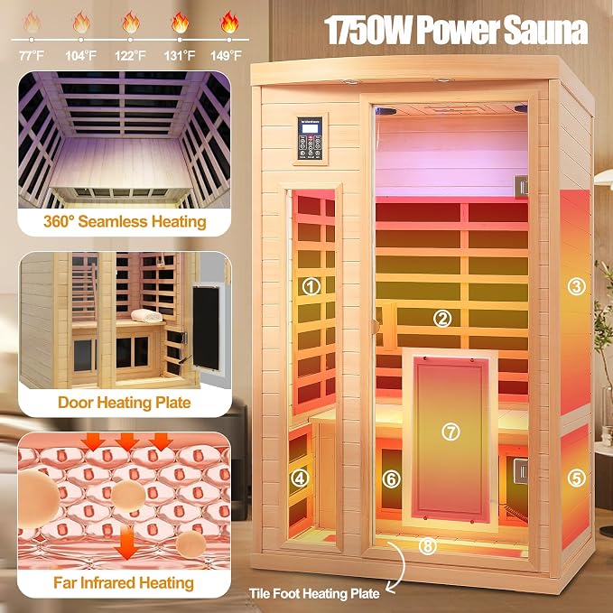 Ultra Low EMF 2 Person Infrared Sauna, 1750W 15A Far Infrared Saunas for Home, Canadian Hemlock Wood Sauna Indoor Sauna with Chromotherapy Light, Bluetooth Speaker, Door Heating Plate