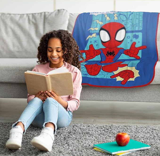 Jay Franco Kids Plush Throw Blanket – Soft & Cozy Fleece Throw for Bedroom & Couch Décor, Official Licensed Product, Blue - Spidey & Friends, 46x60 - Throw Blanket