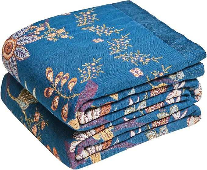 LUTBM Boho Throw Blanket for Couch 50"x60", Cotton Decorative Bed Throw | Blue Reversible Floral Jacquard, All-Season Blankets, For Chair Sofa Living Room Decor, Lightweight Breathable Gauze
