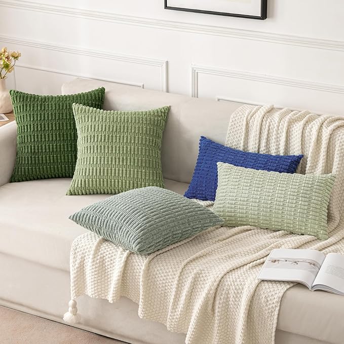 MIULEE Corduroy Decorative Throw Pillow Covers 18x18 Moss Green Pack of 2 | Soft Boho Striped Pillow Covers Modern Farmhouse Home Decor For Sofa Living Room Couch Bed