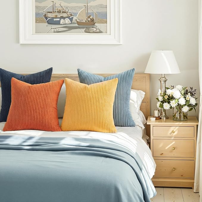 Topfinel Corduroy Pillow Covers 20x20 Blue and Orange Decorative Boho Pillow Covers for Couch Bed Accent Modern Pillowcase Sofa Livingroom Home Decor