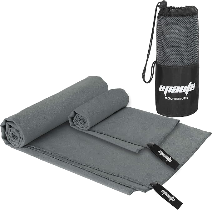 EPAuto 2-Pack Microfiber Quick Dry Towel Set - Lightweight, Super Absorbent & Compact Travel Towels (60"x30" & 24"x15") for Gym, Camping, Beach, Yoga & Backpacking, Gray