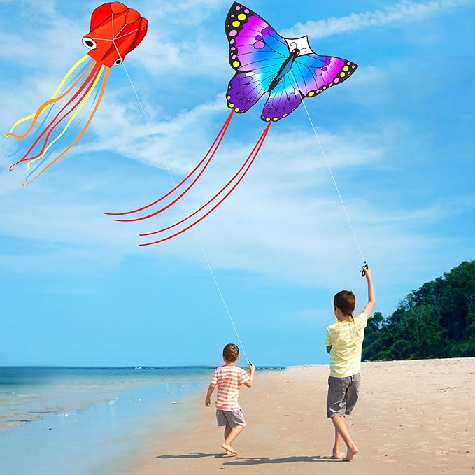 3 Pack Kites, Gifts for Easter, Kite for Kids 4-8 8-12, Puple Butterfly, Colorful Delta and Red Octopus with String Kite for Kids Girls Boys