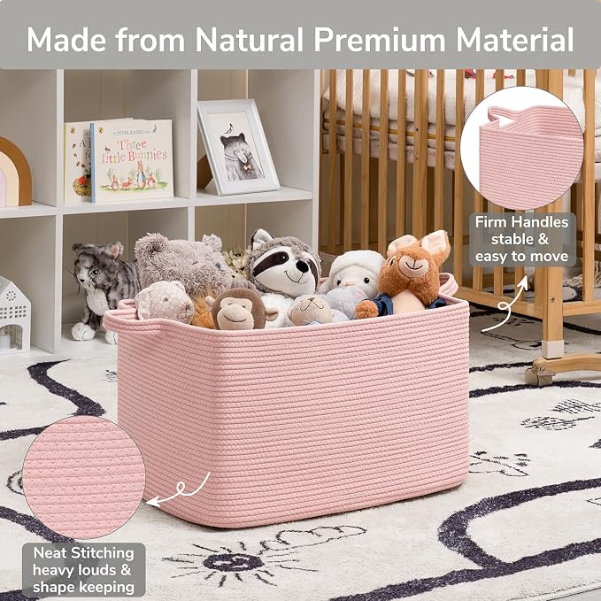 Goodpick Large Woven Rope Blanket Basket, Rectangle, Pink, 75L | 21.6'' x 14.9'' x 11.8'' Storage Basket for Toys & Blankets, Living Room, Bedroom & Nursery Organization, Reinforced Handles