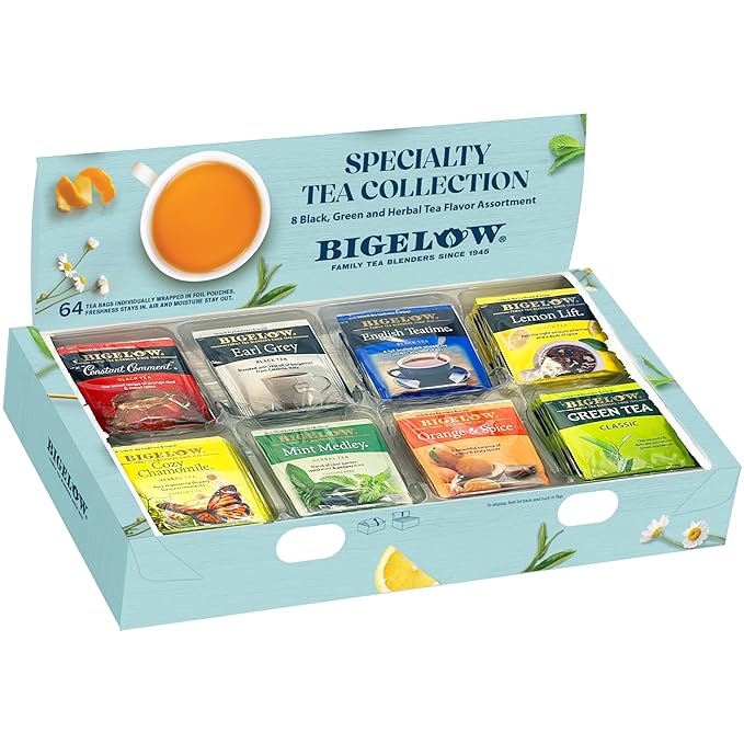 Bigelow Tea Assortment, Green, Black, and Herbal Teas with English Teatime, Constant Comment, Lemon Lift, Earl Grey, Green, Cozy Chamomile, Orange Spice, Mint Medley, 64 Tea Bags (Pack of 1)