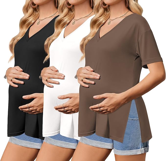 Ekouaer 3 Packs Women's Maternity Shirts V Neck Pregnancy Tops Short Sleeve Casual Workout Tees Side Split Mama Clothes