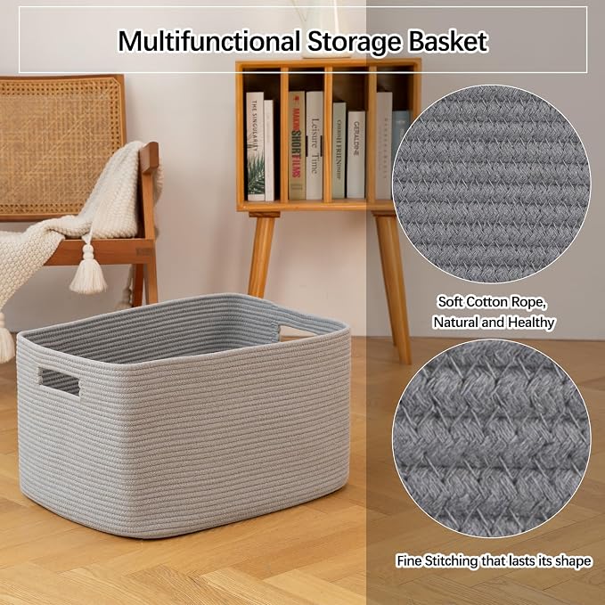 OIAHOMY XXLarge Rectangle Blanket Basket-96L, Cotton Woven Basket for Storage, Dirty Clothes Basket for Living Room, Nursery, Bedroom, Toy Organizing with Handle, 24" x 16" x 15", Grey