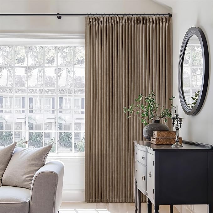 98 Inch Linen Curtains 2 Panels Set Pinch Pleated for Living Room Bedroom Memory Training Shaped Semi Sheer Dutch Cocoa Pinch Pleat Drapes Hooks Rings Light Filtering Window Curtain Drapes