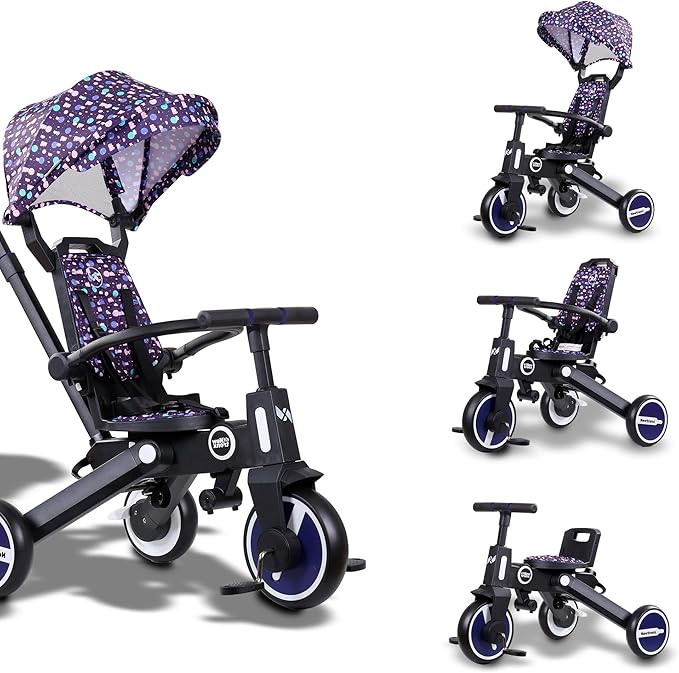 Adventure Pro Summer Edition - Foldable Tricycle for Toddlers-Big Canopy, Basket,Travel Backpack and Parent Bag - Toddler Tricycle for Ages 10 Months to 5 Years (Sunny Grape/Purple)