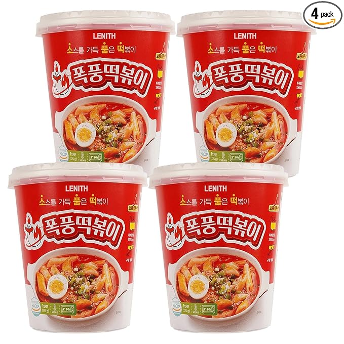 LENITH Instant Korean Street Food 4 Cups, Sweet and Spicy Gochujang Sauce Tteokbokki in Cup, K-Food Original Flavor, Rice cakes 6.2oz. 175g