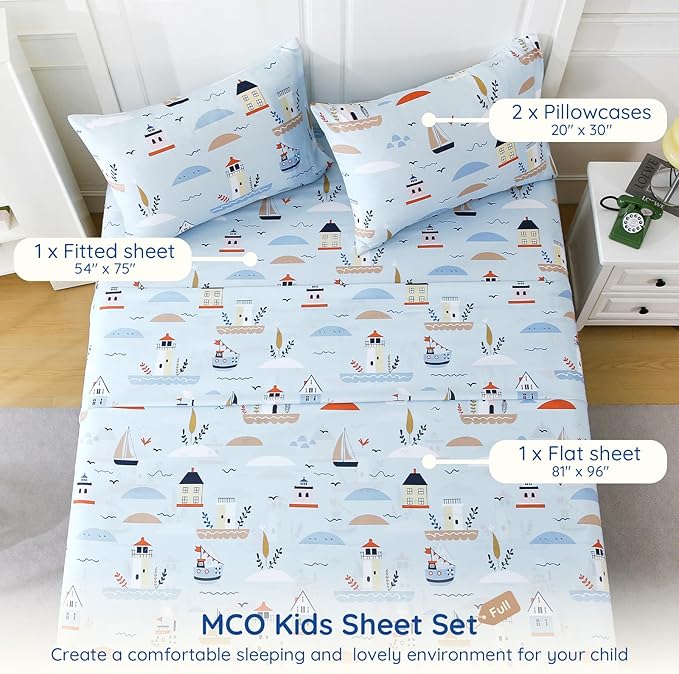 MCO Sailboat Kids Full Size Bed Sheets, Soft Microfiber Full Size Sheets for Boy Girls, 4 Pieces Breathable Full Bed Sheet Lighthouse