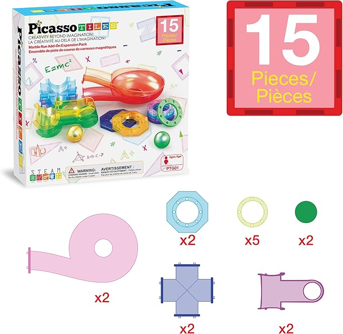 PicassoTiles Magnetic Marble Run Add-On Expansion Pack for Magnet Tile Building Blocks Maze Construction Toy Kit Educational STEM Learning Enhances Creativity Imagination Children Ages 3+ PTG01