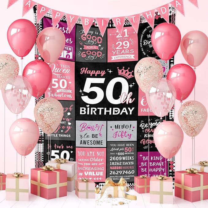 50th Birthday Gift for Her, Happy 50th Birthday Blanket for Women 60"x80" | 50th Birthday Decorations for Women, 50 Year Old Gifts for Women, 1976 50Th Birthday Gifts for Wife, Friend, Daughter, Sister