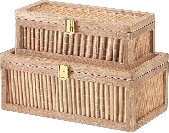 Natural Bamboo Decorative Box with Lids, Unique Decorative Boxes Set of 2, Boho Wedding Keepsake Box, Memory Box with Lid for Crafts, trinkets and Photo Storage