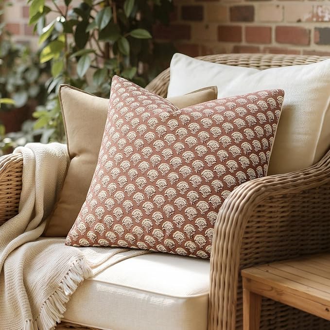 MIULEE Floral Print Decorative Pillow Covers 18x18, Almond | Vintage Boho Farmhouse Modern Home Decor, Set of 2, Block Print Cushion Covers for Couch Sofa Bed Living Room