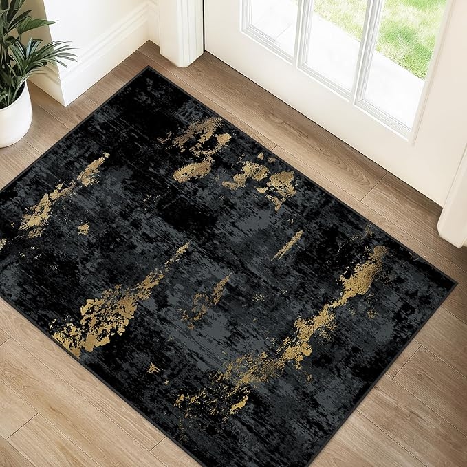 RELEANY Washable 2'x3' Abstract Area Rug for Living Room Black Gold | carpet for bedroom, kitchen, office, hallway and entryway, printed pattern, non-slip, soft, stain-resistant, easy to clean