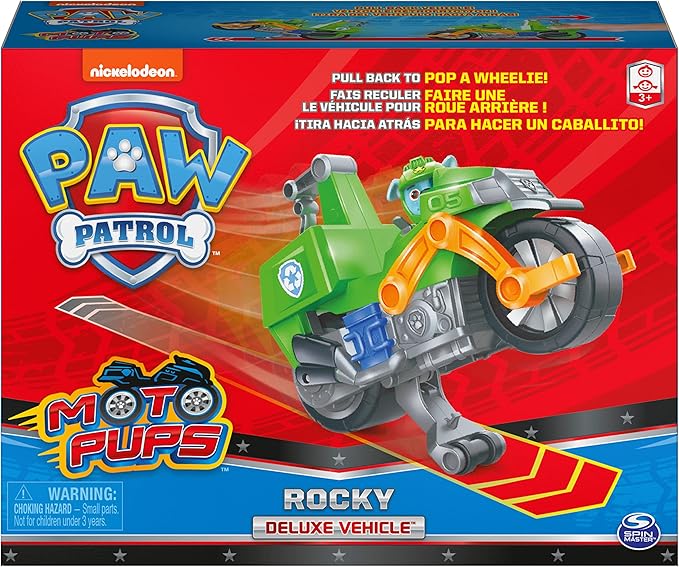Paw Patrol, Moto Pups Rocky’s Deluxe Pull Back Motorcycle Vehicle with Wheelie Feature and Toy Figure