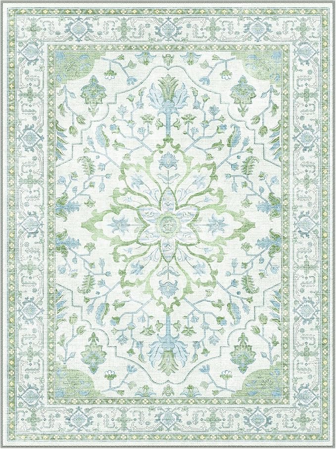 RELEANY Area Rugs Square 7ft Washable Non-Slip, Floral Vintage Distress Medallion Carpet for Living Room Bedroom Dining Room, Green White Blue