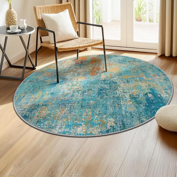 RELEANY Washable Round 4ft Area Rug for Living Room Teal Multi | carpet for bedroom, kitchen, office, hallway and entryway, printed pattern, non-slip, soft, stain-resistant, easy to clean