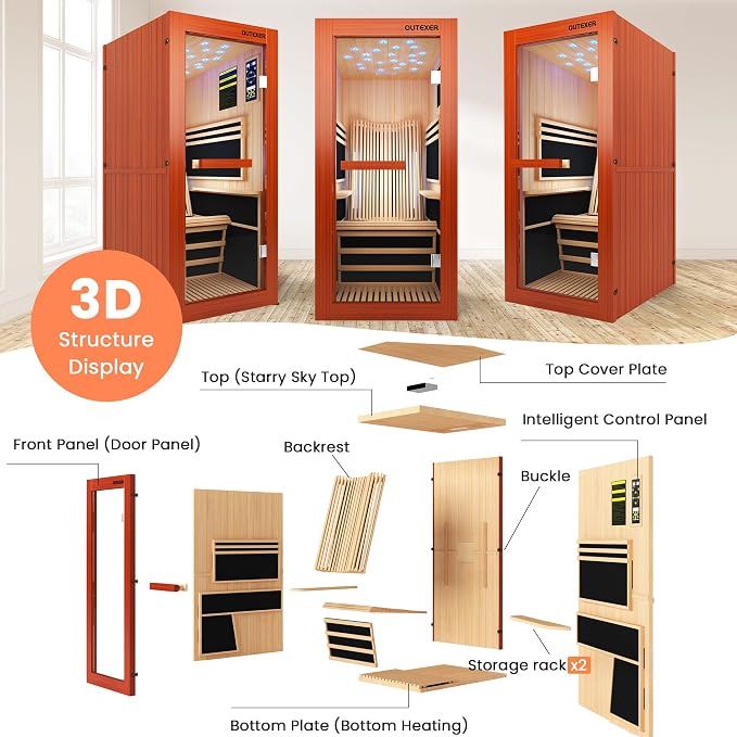 OUTEXER Infrared Sauna 1495W Wooden Saunas Spa Room Pacific Clear Cedar Wood Single Person Indoor Saunas with Special Shaped Comfortable Backrest 32.68 * 47.24 * 69.29 Inch