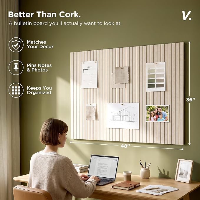 Large Felt Bulletin Board 48 x 36 Inch - 12-Pack Square Acoustic Wall Panels, Cork Board Alternative, NRC 0.95, Damage-Free Adhesive, Slatted Design for Home, Classroom (Limestone)