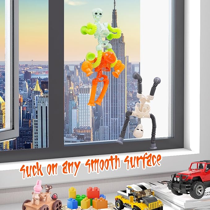 Pop Tubes Skeleton Fidget Toys for Kids, 4Pack Fidget Pop Toys Telescopic Suction Cup Toy for Stress and Anxiety Relief, Halloween Goody Bag Fillers for Kids and Toddlers (4Pack Skull)