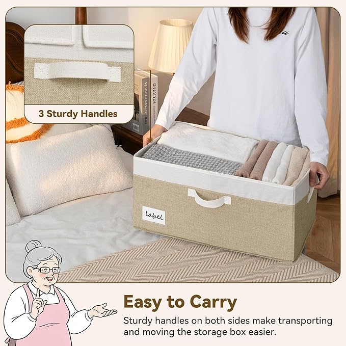 GRANNY SAYS Decorative Storage Boxes with Lid, Large Storage Bins with Label, 63L Fabric Storage Bin for Clothes, Toy Storage Chest, Memory Keepsake Box, White/Khaki