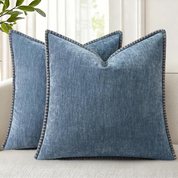 decorUhome Soft Chenille Throw Pillow Covers 24x24 Set of 2 Haze Blue | Fall Textured Decorative Throw Pillow Cases Stitched Edge Modern Farmhouse Luxury Boho Velvet for Couch Sofa Bed Home Decor