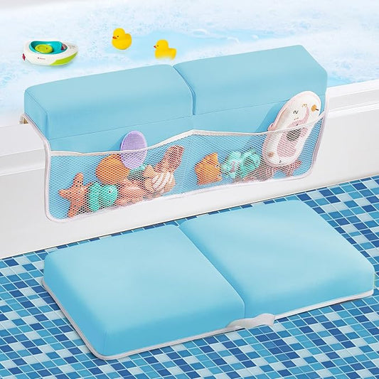 Baby Bath Kneeler and Elbow Rest Pad Set, Thick Soft Quick Dry Bathtub Mat with Toys Organizer, Blue