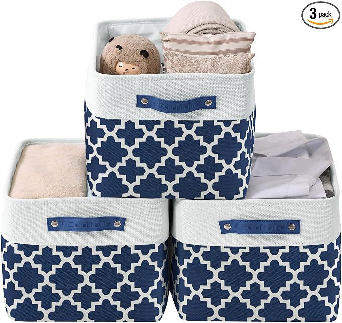 DECOMOMO Storage Bins, Large Fabric Storage Baskets for Shelves 3 Pack | 15 x 11 x 9.5 inches Decorative Linen Closet Organizers with Handles (Blue Patterns)