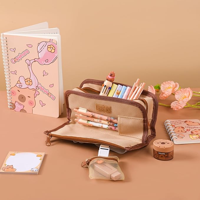 33Pcs Cute Capybara Stationery Set,Capybara Birthday Gifts for Boys Girls School Supplies,Capybara Set with Compartments Gel Pens, Pencils, Erasers, Pencil Sharpener etc, Classroom Rewards.