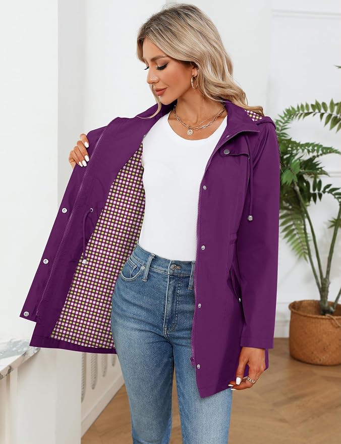 LOMON Women Waterproof Outdoor Hiking Raincoat Women Lined Rain Jacket Lightweight Hooded Jackets Trench Coats