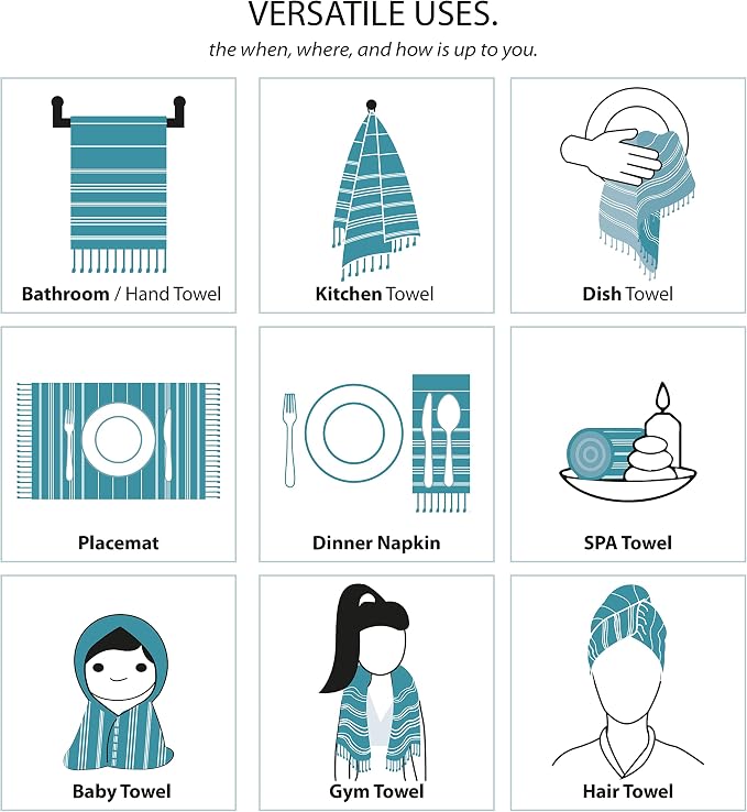 Cacala 100% Turkish Cotton Kitchen Tea Towels, Highly Absorbent Luxury Soft Quick Drying Dish Towel with Hanging Loop for Gym, Yoga, Bath, Sports, Cleaning and Kitchen (23 x 36), Grey Blue