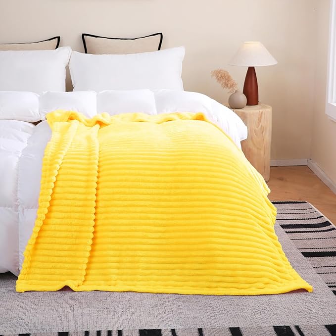 Bright Yellow Fleece Throw Blanket 90”×90” for Couch Sofa Livingroom | Super Soft Cozy Plush Microfiber Flannel Bed Blanket Striped Design Lightweight Home Decor Gifts for Adults Mom Women