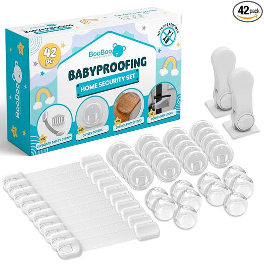 Booboo Baby (42 Pack) Child Safety Baby Proofing Kit | x10 Cabinet Drawer Locks, x10 Corner Guards, x20 Outlet Covers, x2 Door Lever Lock | Baby Proof Your Home & Kitchen with No Trapped Fingers