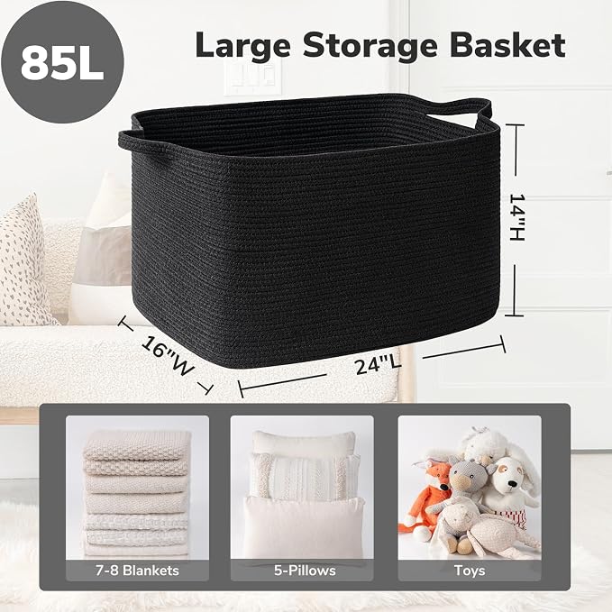Goodpick 85L Large Woven Rope Blanket Basket, Rectangle, Black | 23.6'' x 15.7'' x 13.8'' Storage Basket for Blankets, Pillows & Toys, Living Room & Bedroom Organization, Reinforced Handles