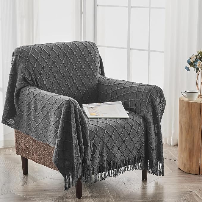 inhand Dark Grey Knitted Throw Blanket for Couch and Bed, 50"x60" | Soft Living Room Home Decor Knitted Blanket, Tassel, Outdoor Lightweight Breathable Summer, Farmhouse Warm Woven Decorative