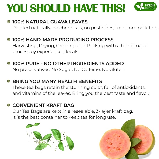FreshDrinkUS, Premium Leaf Tea Bags, 100% Natural & Pure. Herbal Tea. No Sugar, No Caffeine, No Gluten, Vegan. (15 Bags Guava Leaves)
