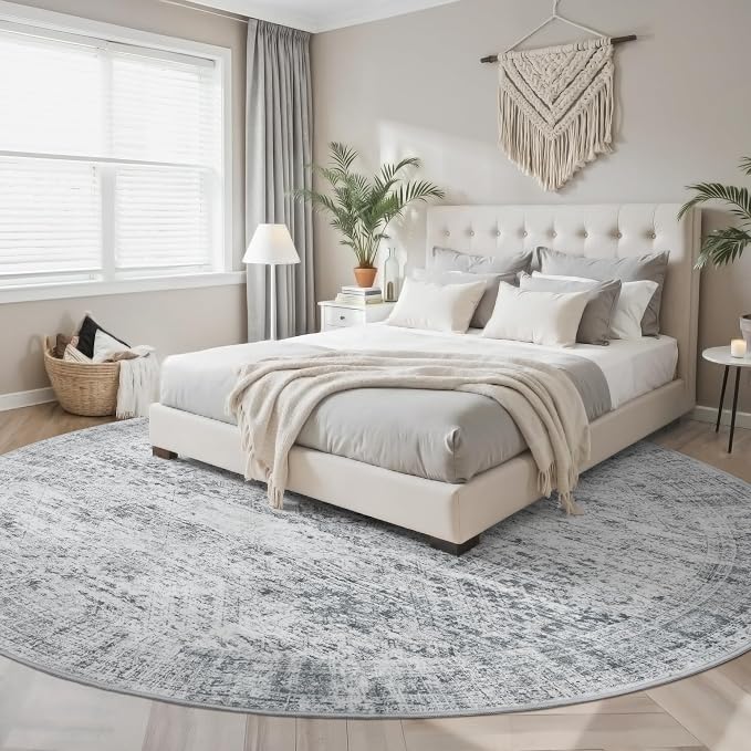 Soalmost Round Rugs 9ft Living Room Circle Area Rug 9x9 Grey Vintage | Washable Non Slip Indoor Carpet for Apartment, Dining Bedroom, Soft Low Pile Stain Resistant Foldable Floor Mat Entryway