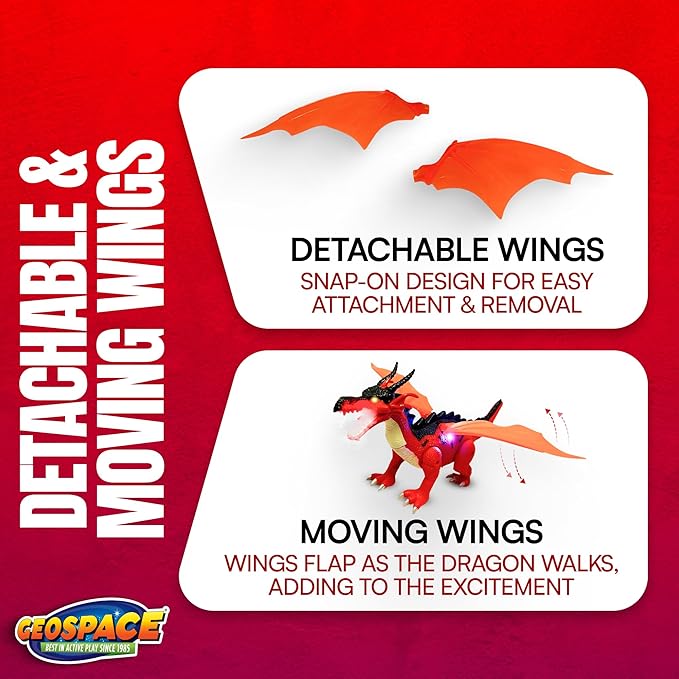 Geospace New Dragon Walking Dinosaur Toy – Smoke Breathing Fire Dragon Toy for Kids 3 & up, Walking Dinosaur Toys with Lights, Roaring Sound, Dragons Action Figure, Dragons for Gift (Luna)