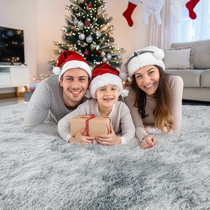 KICHOWUA Grey Tie-Dye Light Gray Fluffy 9x12 Rug Bedroom Living Room Shag | Grey Soft Washable Shag Carpet Kids Room Nursery, Plush Fuzzy Rug for Baby Toddler